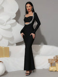 Women's Light Luxury Nail Diamond Design Fishtail Bandage Dress Strapless Long Sleeve Hollow Bodycon Black Long Dresses