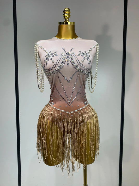 Women Sexy Stage Performance Fringe Leotard Shiny Crystal Sleeveless Tight Bodysuit Evening Party Nightclub Drag Queen Costume WHITE