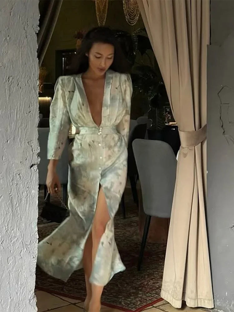 Print V-neck Puff Sleeve Long Dress Women Glamorous Deep V High Waist Front Split Slim Party Dresses New Summer Vocation Vestido