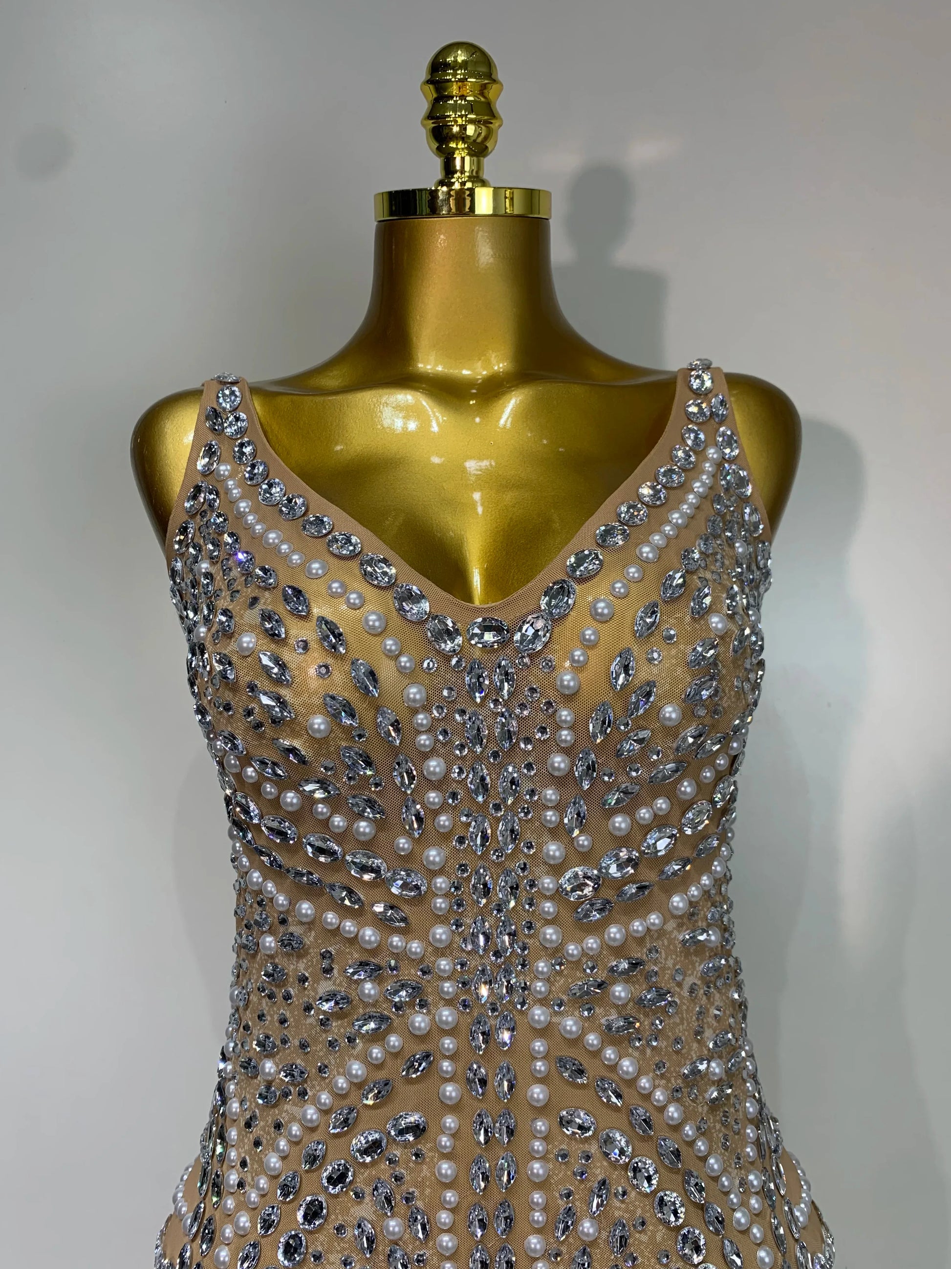 Women Sexy Sparkly Diamonds High Split Maxi Dresss Mesh See Through V Neck Performance Singer Costume Luxury Birthday Vestido