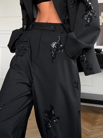 Sequin Women's Pant Set Elegant Lapel  Patchwork Full Sleeve Blazer Long Straight Pant Suit Lady 2026 New Spring Woman Outwears