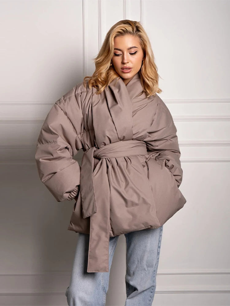 Women's Bomber Jacket Solid Lace Up Padded Jackets New Female V-neck Lantern Sleeve Slim Autumn Coats Casual Lady New Outerwears