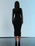 2024 Elegant Women's Hooded Knitted Dress O-neck Long Sleeve Bodycon Midi Sweater Dress Cocktail Evening Club Party Vestidos
