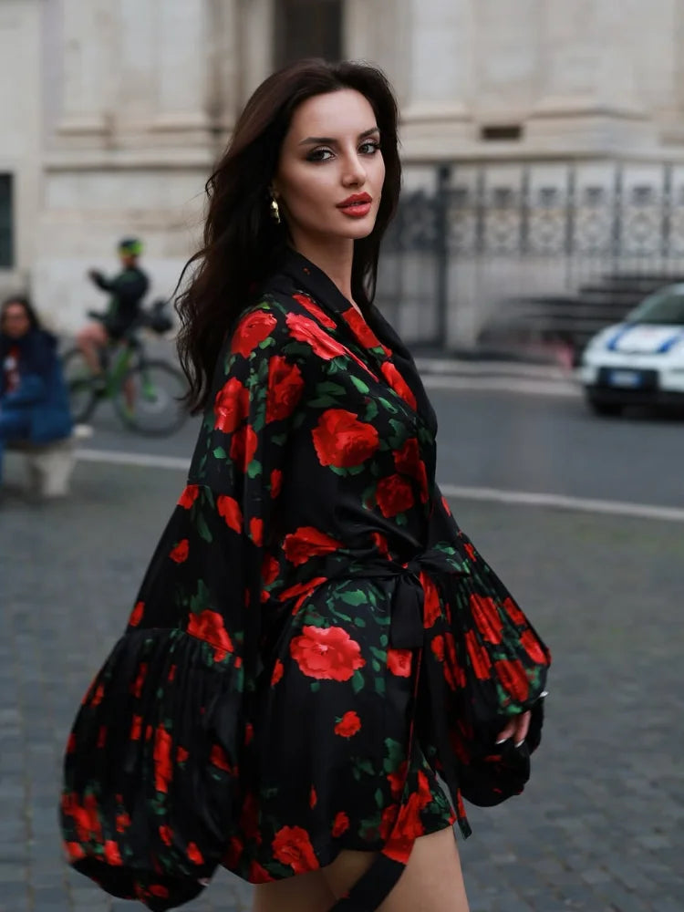 Street Printed Slim Women's Short Dress Turn-down Collar Lantern Full Sleeve Lace Up Slim Shirt Dresses Fashion Lady Streetwear