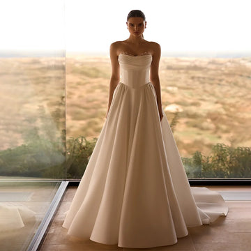 Fashion Lace Sleeves A Line Wedding Dresses Strapless Satin Bridal Gown Evening Dress For Wedding Customized vestido de noiva r