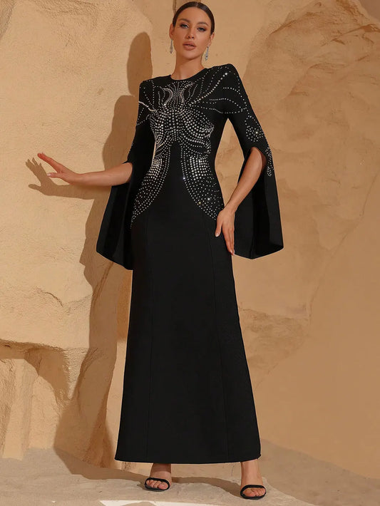 2025 Elegant Women's Light Luxury Hot Diamond Design Bandage Dress O-neck Trumpet Sleeve Bodycon Long Dress Club Party Vestidos