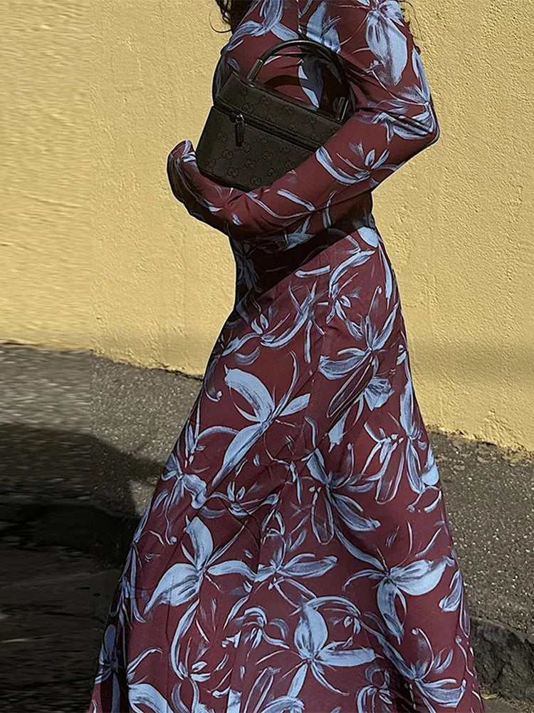 Bohemian Printed Slim Women's Dragging Dress O-neck Long Sleeve Waist Cinching Cocktail Evening Dresses Chic Ladies Vestido New