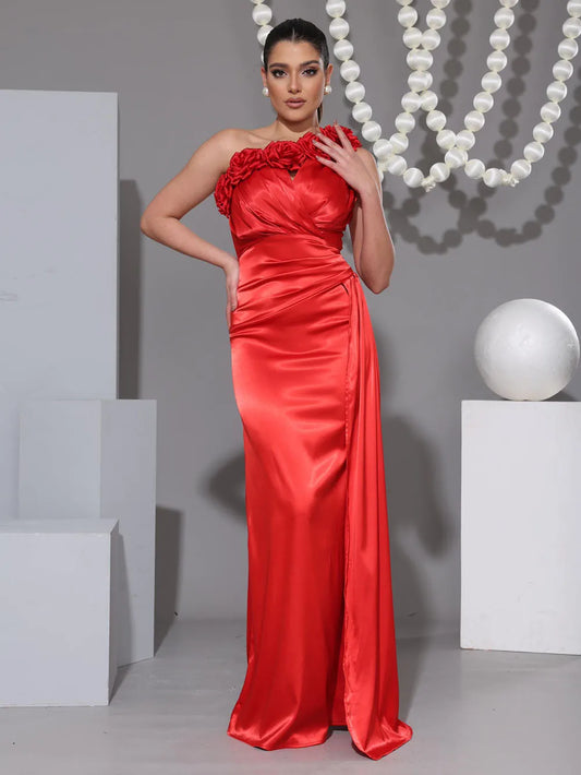 2025 Summer Elegant One Shoulder Satin Prom Dress Red sleeveless 3D Flower Folds Floor Length Special Occasion Formal Party Gown