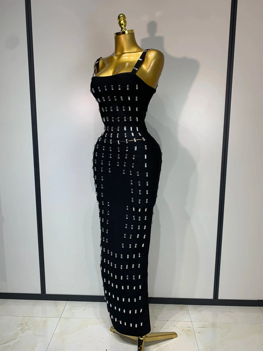 Women's Fashion Sexy Luxury Rhinestone Black Bodycon Bandage Dress Cocktail Evening Party Long Dresses Wedding Guest Gown