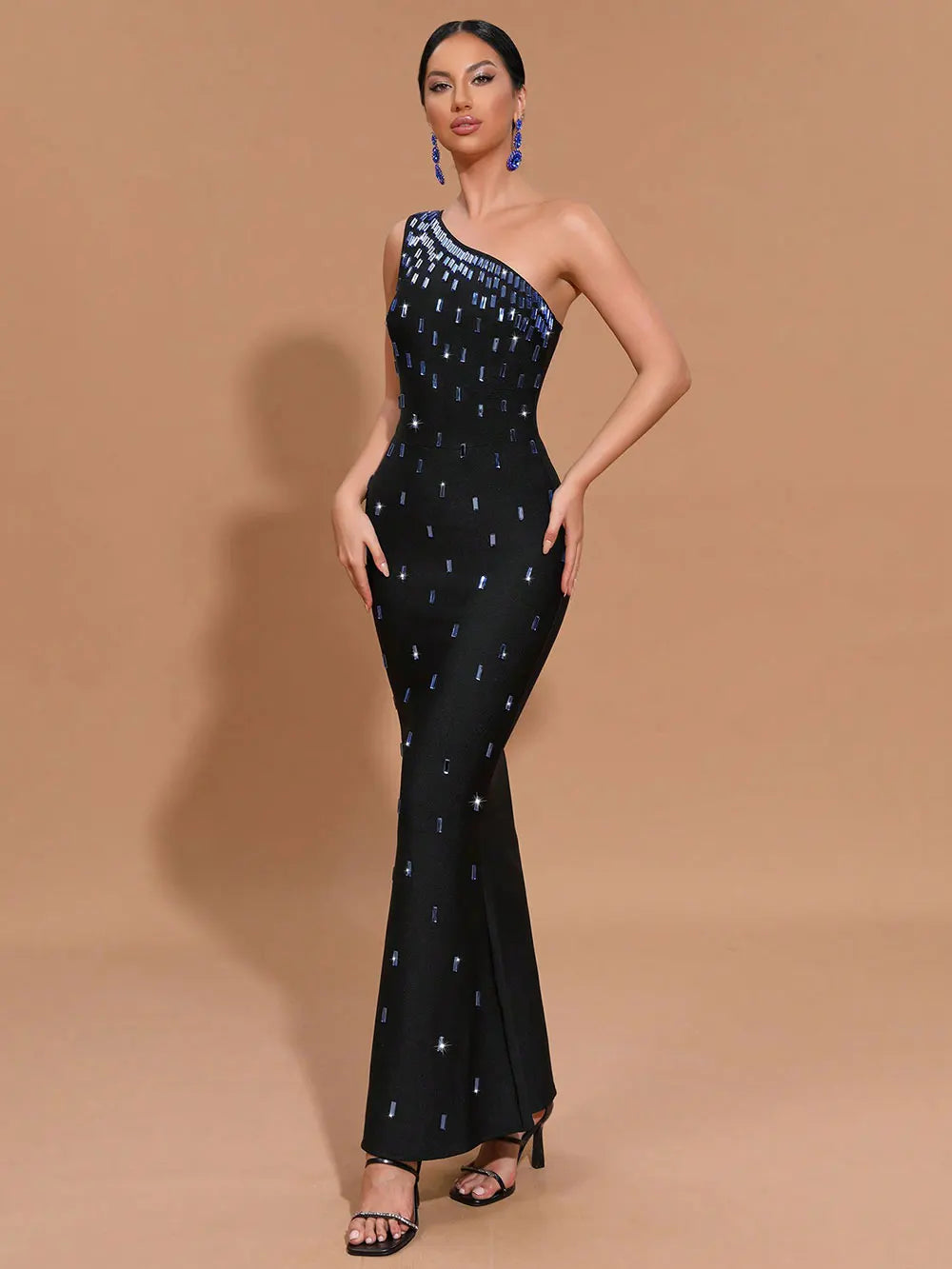 2024 Sexy Women Light Luxury Nail Bead Bandage Dress One Shoulder Slant Neck Sleeveless Bodycon Tail Dress Evening Party Vestido