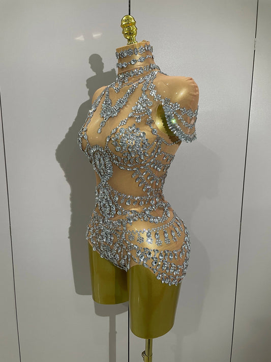 Stage Costume Luxury Rhinestones Sexy See-Through Sheath Bodysuit Evening Party Bar Nightclub Singer Dancer Performance Wear