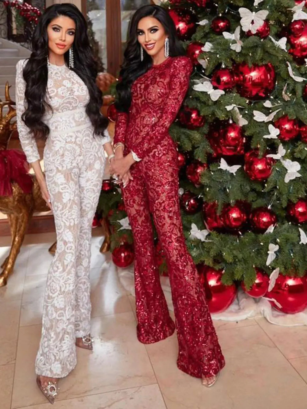 Women'S Light Luxury Sequin Patchwork Bandage Jumpsuit O-Neck Long Sleeved Waistband Flared Jumpsuit Pants Party Jumpsuit