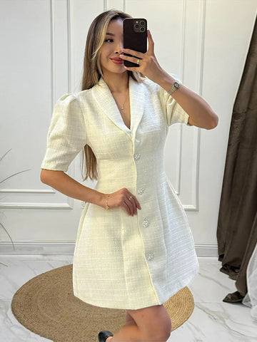 Women's Evening Dresses Single Breasted Short Sleeve Mini Dress Sweet Female Puff Sleeves Slim Partywear Early Spring Streetwear