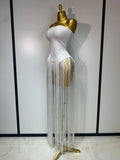 Women Sexy White Elegant Strapless Long Tassels Bandage Bodysuit Evening Party Luxury Birthdy Nightclub Singer Stage Outfit