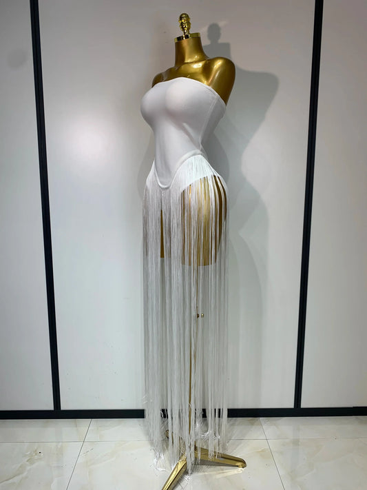 Women Sexy White Elegant Strapless Long Tassels Bandage Bodysuit Evening Party Luxury Birthdy Nightclub Singer Stage Outfit