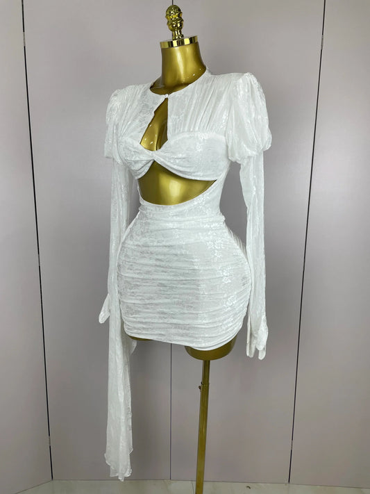 Women White Birthday Dress Fashion Long Sleeve O Neck Cut Out Bodycon Mini Trailing One Piece Celebrity Evening Club Dresses