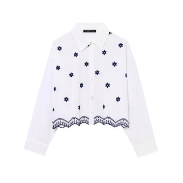 Summer New Women's Clothing Fashionable Temperament Casual Flower Embroidery Poplin Lapel Long Sleeved Shirt