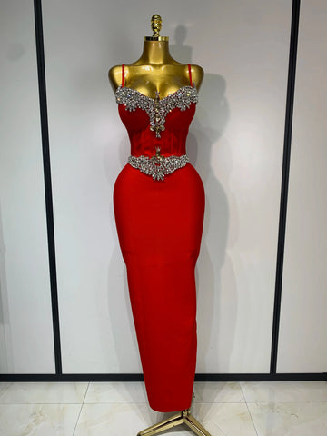 Women Bodycon Bandage Dress Wedding Sexy Backless Luxury Rhinestone Clothes Nightclub Evning Party Birthday Maxi Long Dresses Red