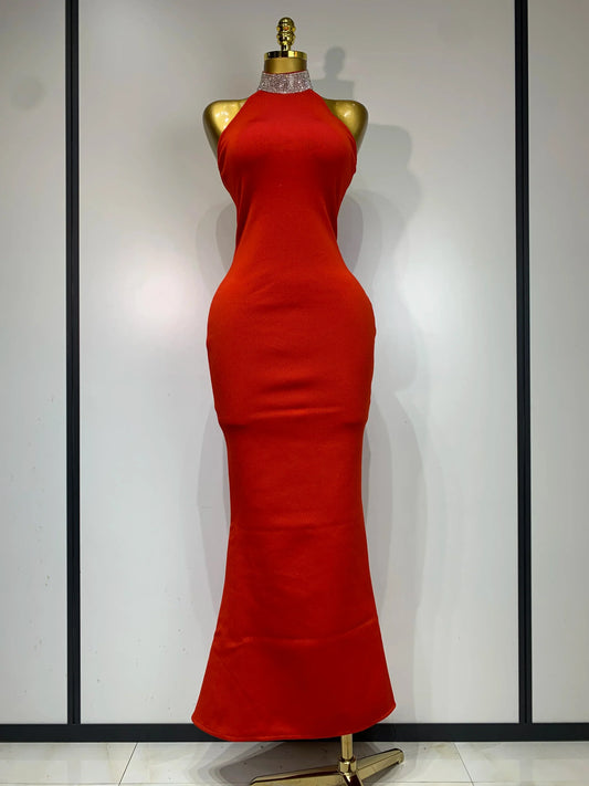 Luxury Birthday Bandage Dress Women Elegant Red Halter Backless Celebrity Evening Party Wedding Gowns Club Gala Dresses Red