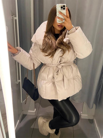 Women's Winter Down Jacket Stand Collar Waist Cinching Slim Padded Jackets Autumn 2025 Slim Warm Coats Fashion Ladies Outerwears