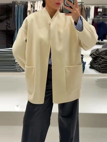 Luxury Solid Loose Women's Woolen Overcoat Detachable Cape V-neck Long Sleeve Pocket Autumn Winter Coats Elegant Lady Outerwears