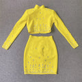 Women's Wear Heavy Industry Beaded Design Mini Skirt Sets Standing Neck Long sleeved Short Top+Short Skirt Two piece Set Yellow