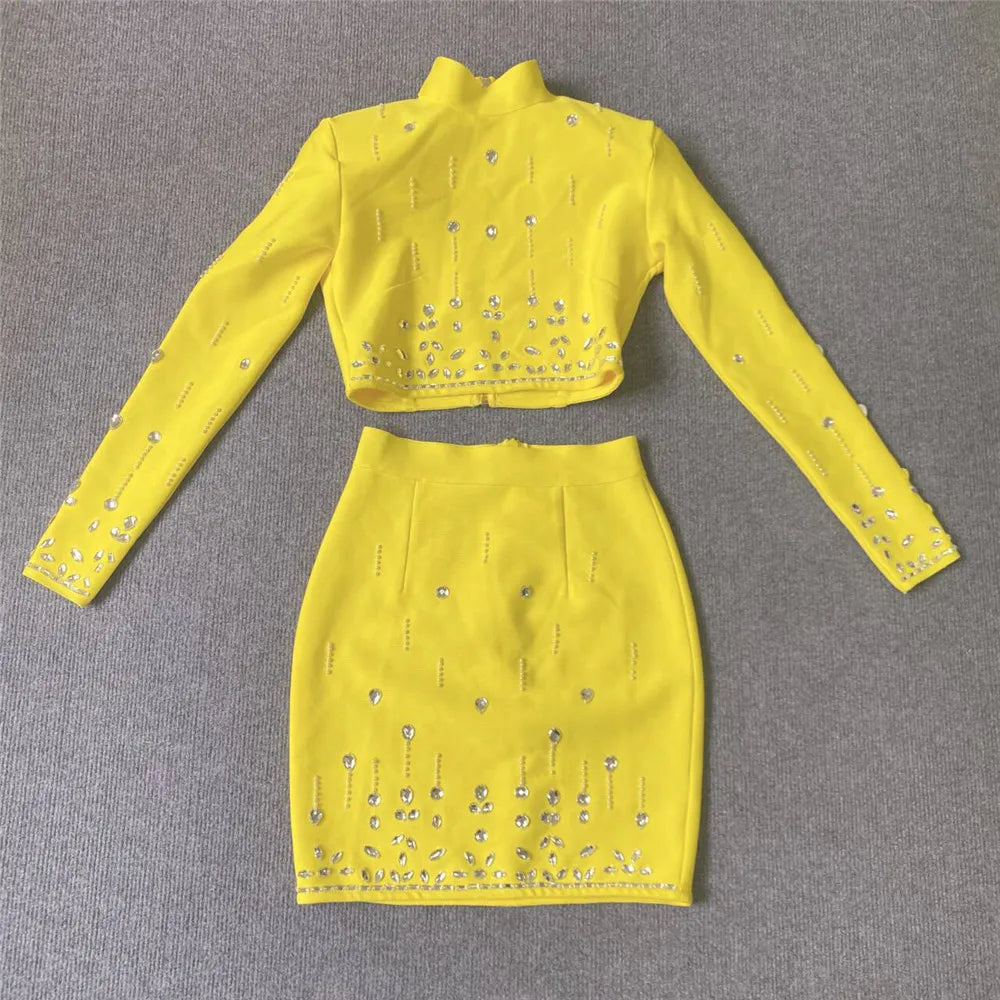 Women's Wear Heavy Industry Beaded Design Mini Skirt Sets Standing Neck Long sleeved Short Top+Short Skirt Two piece Set Yellow