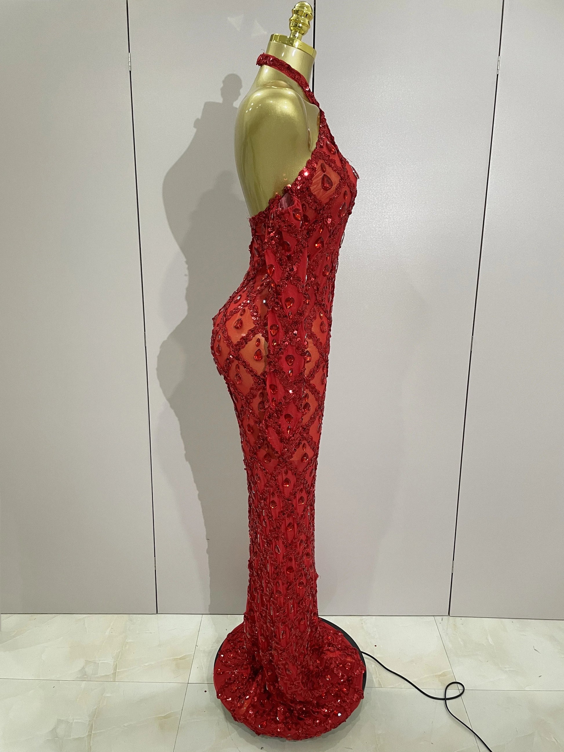 Sexy Sparkly Rhinestones Halter Mesh Long Dress With Gloves Women Celebrate Evening Wedding Prom Birthday Dress Shoot Wear