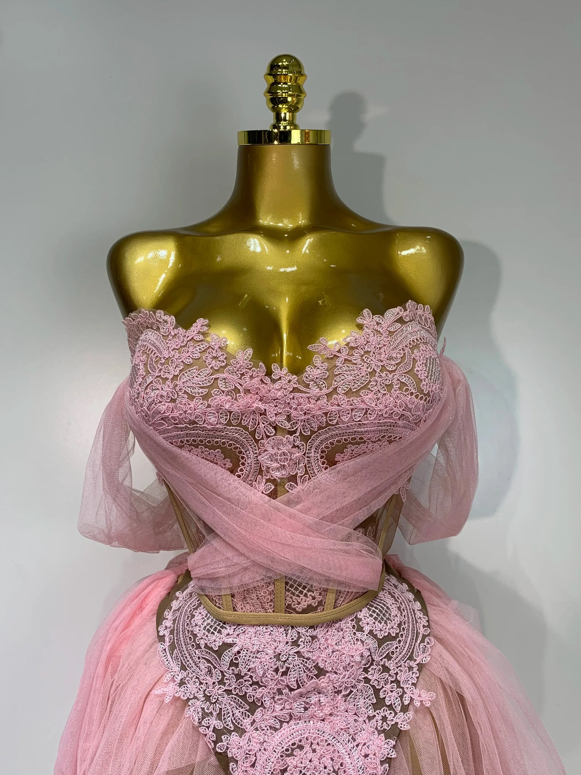 Women Sexy Strapless Pink Mesh Two Pieces Set Prom Gown Celebrate Birthday Nightclub Party Singer Stage Performance Costume