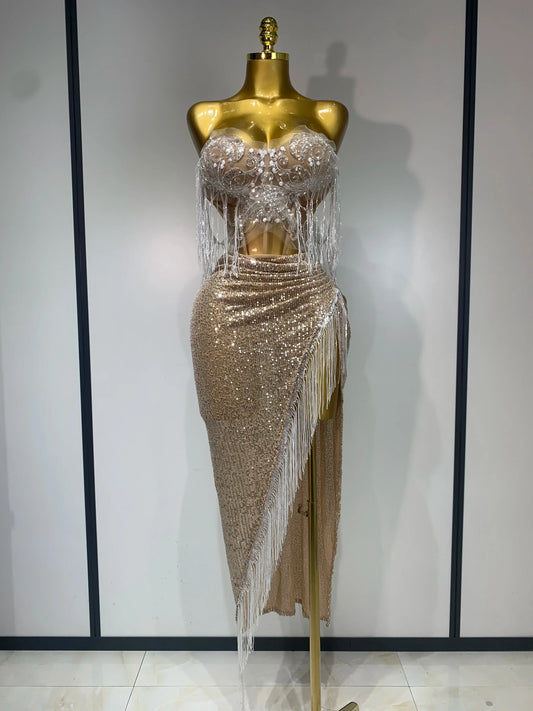 Women Sexy Singer Performan Costume Nightclub Girl Sparkly Sequin Tassel Two Piece Set Evening Party Luxury Birthday Outfit Beige