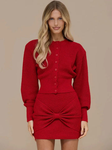 Mozision Sexy Knit Two Piece Set Women Long Sleeve Single-breasted Sweater Mini Skirt Matching Sets Elegant Knitted Dress Set