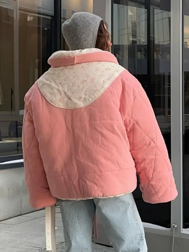 Street Printed Loose Women's Warm Coats Lapel Long Sleeve Lace Up Patchwork Quilted Jackets Fashion Ladies Winter Outerwear New