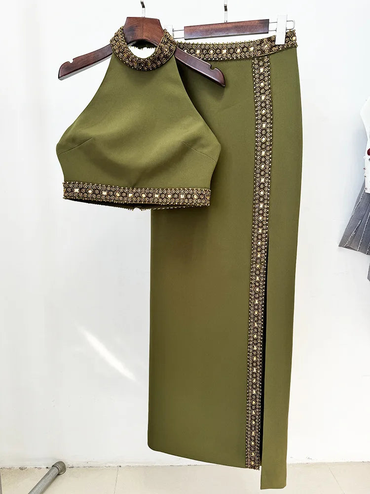 New Spring Women Sexy Beading Tank Tops High Split Bodycon Long Skirts Set Elegant Evening Party Birthday Dress Vestido