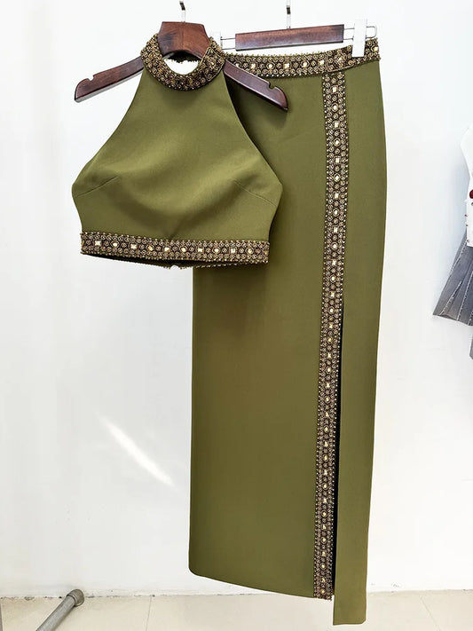 New Spring Women Sexy Beading Tank Tops High Split Bodycon Long Skirts Set Elegant Evening Party Birthday Dress Vestido