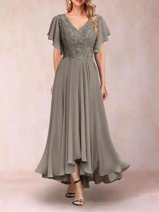 Mother Of The Bride Dress - Elegant A-Line Mother of the Bride Dress Chiffon Short Sleeves Asymmetrical Hem Applique Wedding Guest Gown 2025 Free Customized Taupe