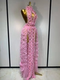 Mesh Sequins Sexy Backless Halter See Through Dress Birthday Evening Party Prom Nightclub Singer Stage Performance Costume