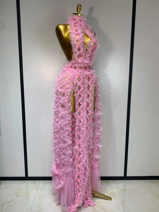 Mesh Sequins Sexy Backless Halter See Through Dress Birthday Evening Party Prom Nightclub Singer Stage Performance Costume