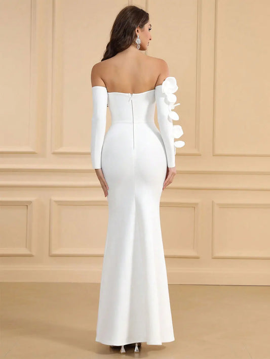 Spring Sexy Women's 3D Flower Bandage Dress with One Collar Long Sleeve Bodycon Bareback Long Split Dresses Party Vestidos