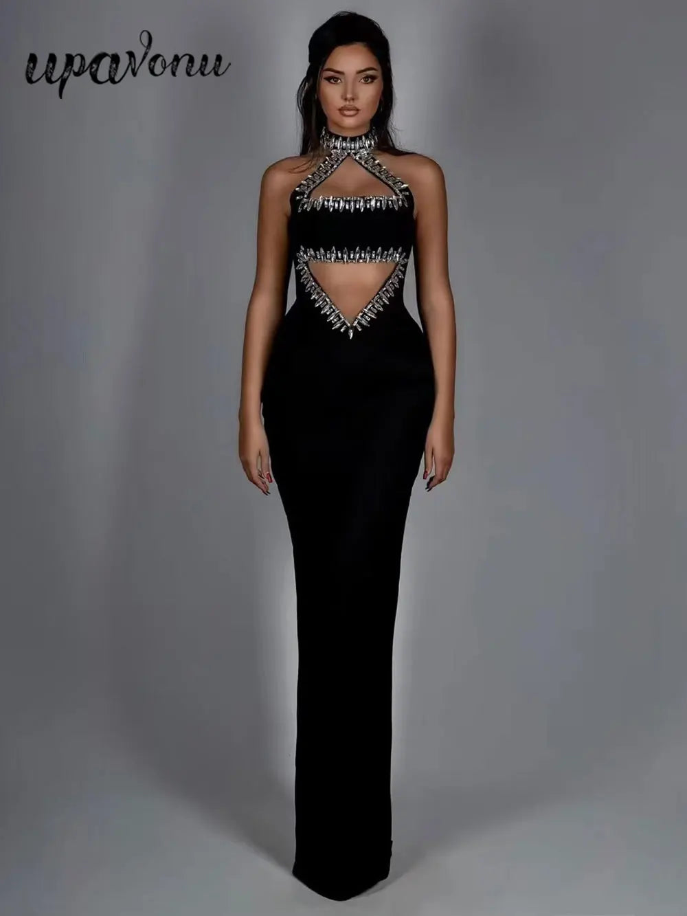 2025 Sexy Women'S Light Luxury Nail Bead Hollow Out Long Dress Hanging Neck Sleeveless Bodycon Backless Dress Club Party Vestido