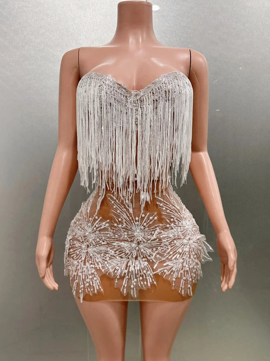 STOCK Women Sexy Off the Shoulder Shinning Sequins Tassels Bodycon Mini Dress 2 Pieces Celebrate Nightclub Performance Costume