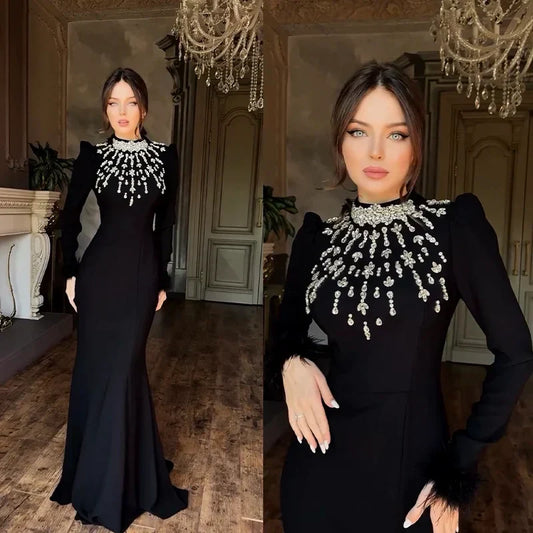 Black Red Color Women Long Sleeve Shinning Crystals Long Maxi Dress Celebrate Elegant Evening Party Outfit Vestido