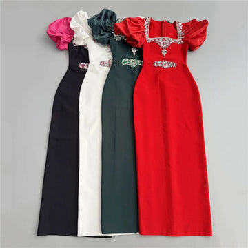 Women Short Puff Sleeve Sexy Square Collar Shinning Crystal Bodycon Long Bandage Dress Celebrate Evening Party Birthday Outfit