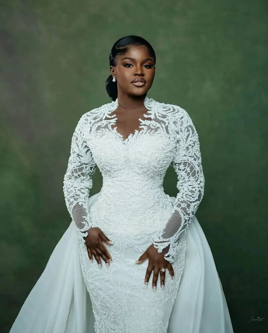 African Plus Size Mermaid Wedding Dress Bridal Gowns for Bride Illusion Detachable Train Long Sleeves Beaded Lace Crystals