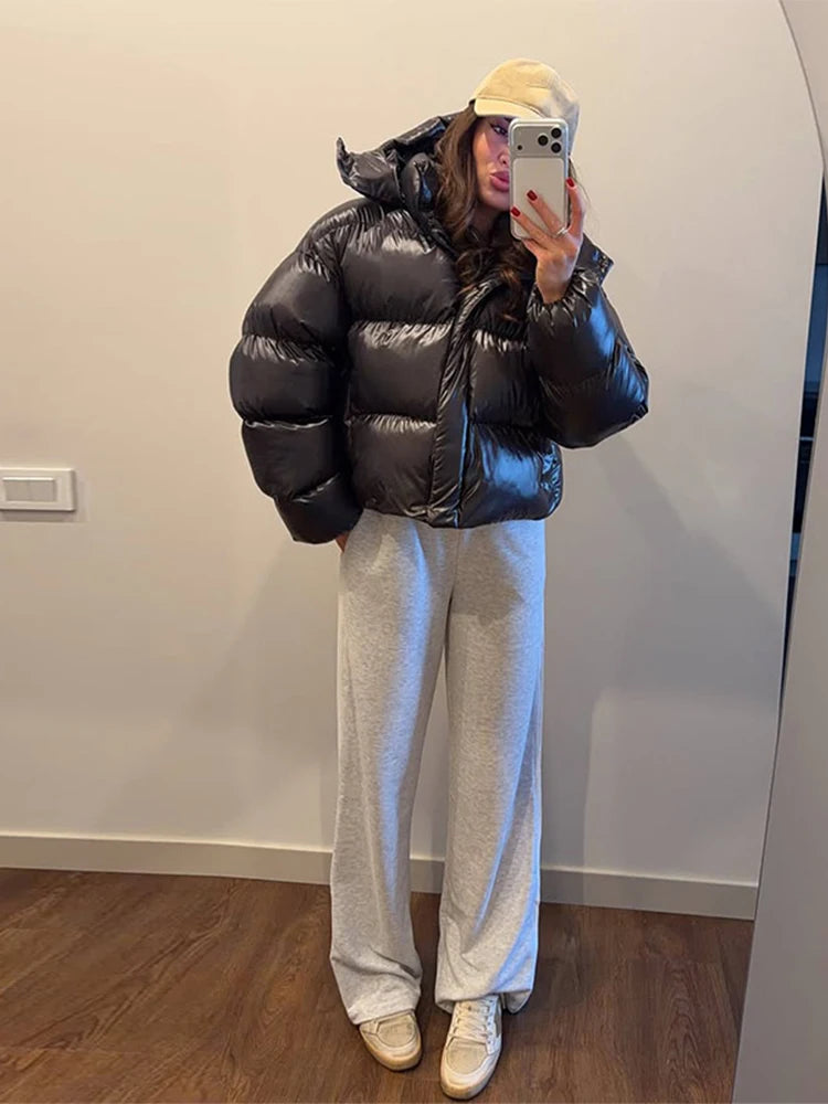 Oversized Solid Hooded Padded Jacket Women Street Stand Collar Long Sleeve Loose Autumn Winter Warm Coats Chic Ladies Outerwears