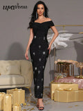 Women's Light Luxury Nail Diamond Design Bandage Dress with Off Shoulder Shoulder Sleeve Bodycon Long Dress Party Vestidos
