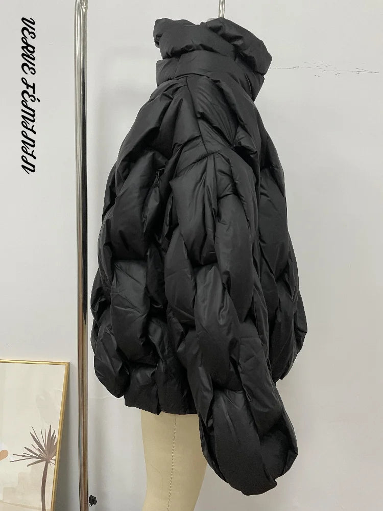 Women's Winter Coats Stand Collar Full Sleeve Argyle Padded Jacket New Lantern Sleeves Zipper Loose Fitting Coat Chic Outerwears