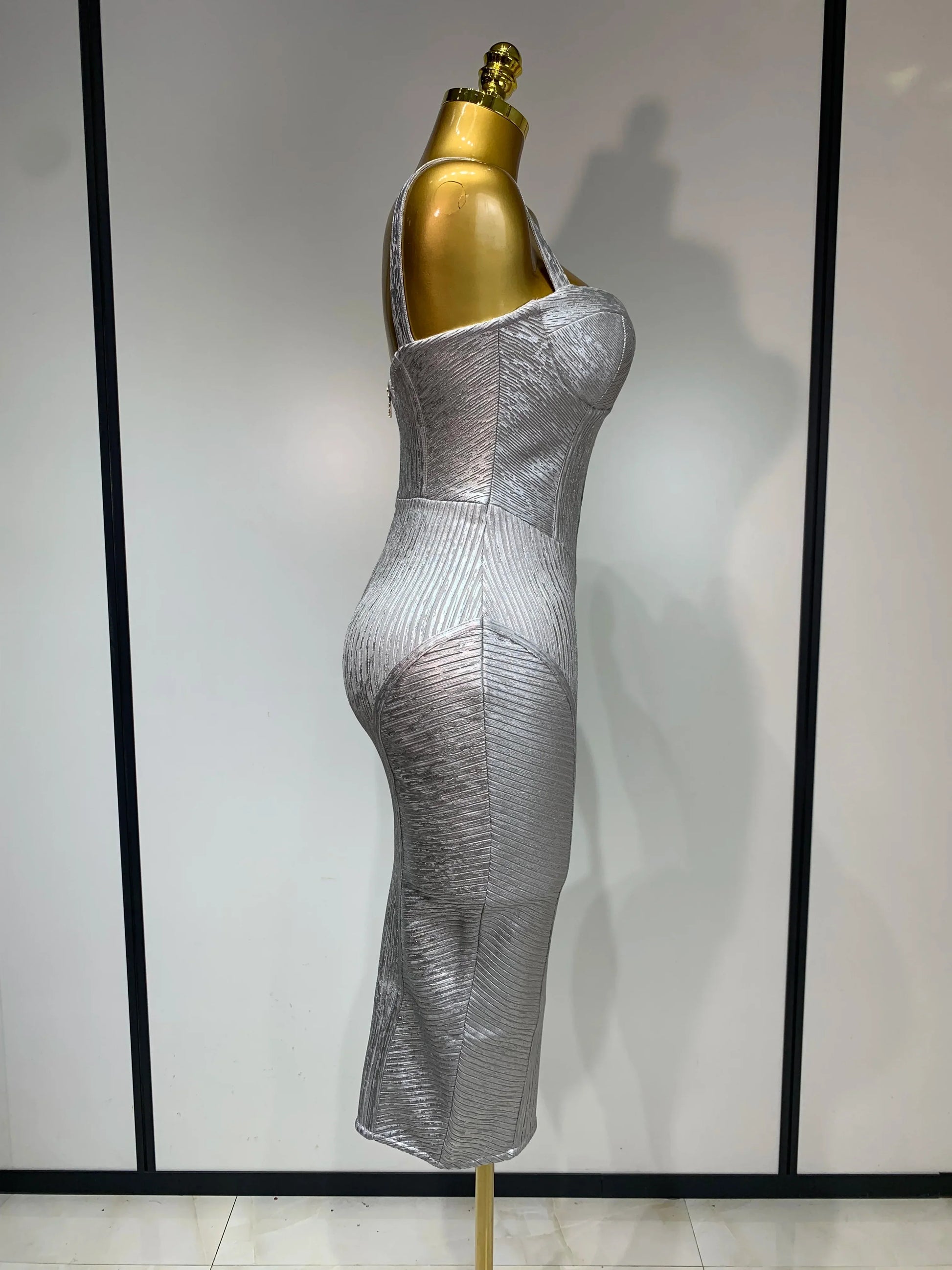 Women Sleeveless Sexy Silver V Neck Bodycon Midi Bandage Dress Celebrate Nightclub Party Birthday Dress Wedding Guest Dress