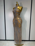 Women Sexy Sparkly Rhinestones Mesh See Through Stretch Dress Luxury Birthday Performance Stage Costume Evening Party Dress