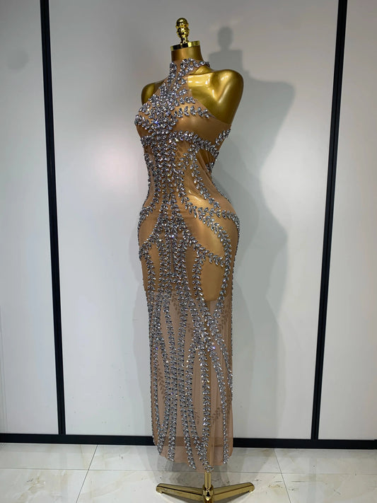 Women Sexy Sparkly Rhinestones Mesh See Through Stretch Dress Luxury Birthday Performance Stage Costume Evening Party Dress