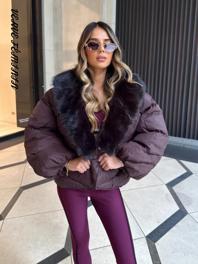 Women's Winter Coats Faux Fur Collar Padded Jacket Autumn 2025 Female V-neck Lantern Sleeve Loose Coat Fashion Ladies Outerwears